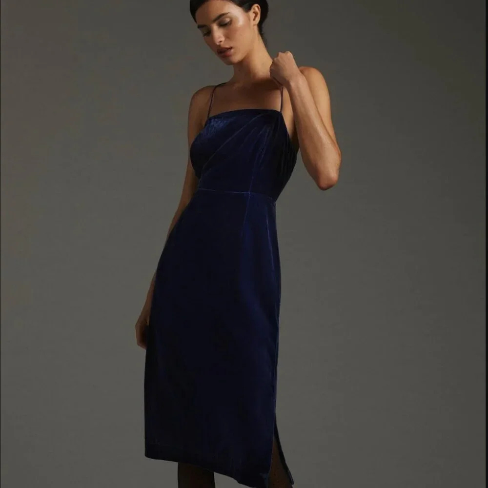 New Anthropologie Sapphire Winter Blue Strappy Velvet Slip Dress Size 14